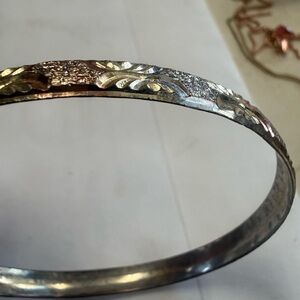Delicate Two-Tone Floral Bangle Bracelet - Silver & Gold